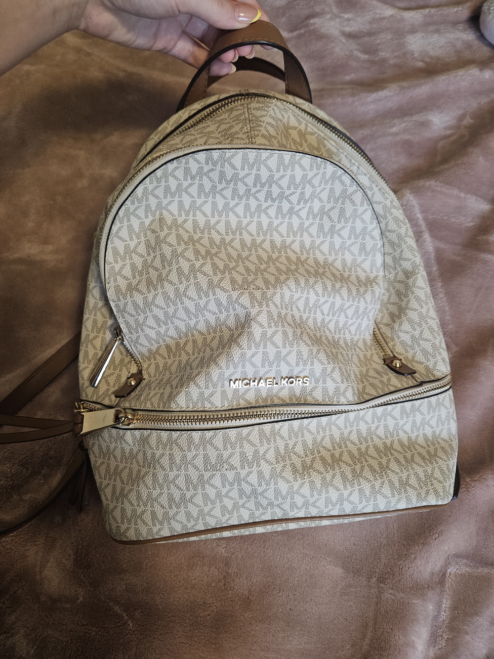 Michael Kors Beige and Tan MK Logo Backpack